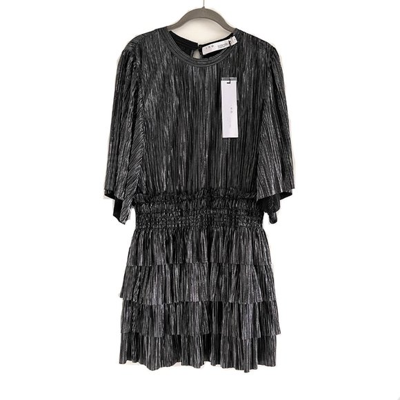 NWT IRO Paris Cuzco Tiered Metallic Plissé-Satin Mini Dress in Black/ Si… - Picture 4 of 11